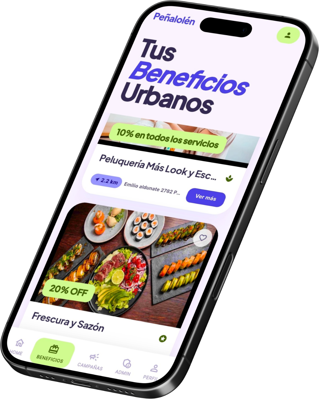 App Beneficios Urbanos — pantalla real